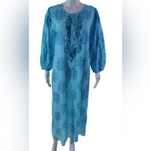 Ro's Garden Blue Floral Cotton Maxi Dress | Long Sleeves | L | Light | Elegant
